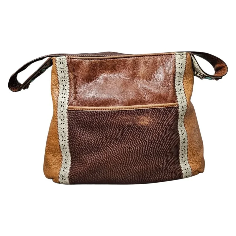 BRIGHTON SAHARA Two Tone Leather Hobo Turquoise Beaded Brown Shoulder Bag